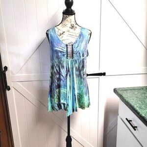 Women's Blue and Green Sleeveless Top